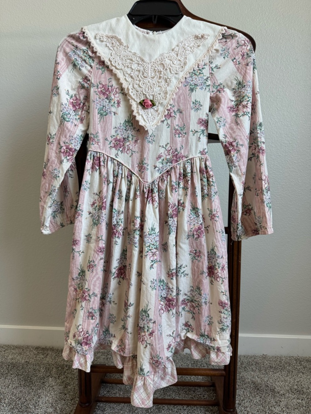 Vintage Bryan Girls Floral Dress Lace Collar Prairie Cottagecore Pink Size 7